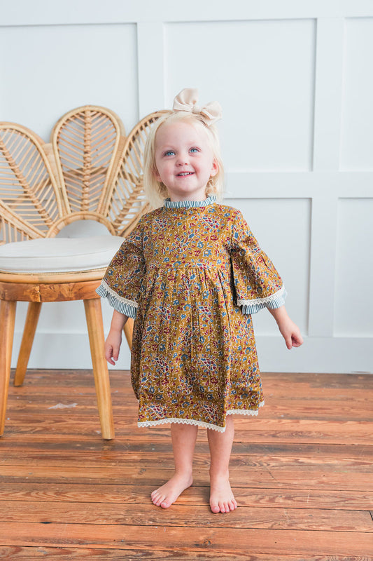 Paisley Print Bell-Sleeves Ruffle Dress & Diaper Cover Set