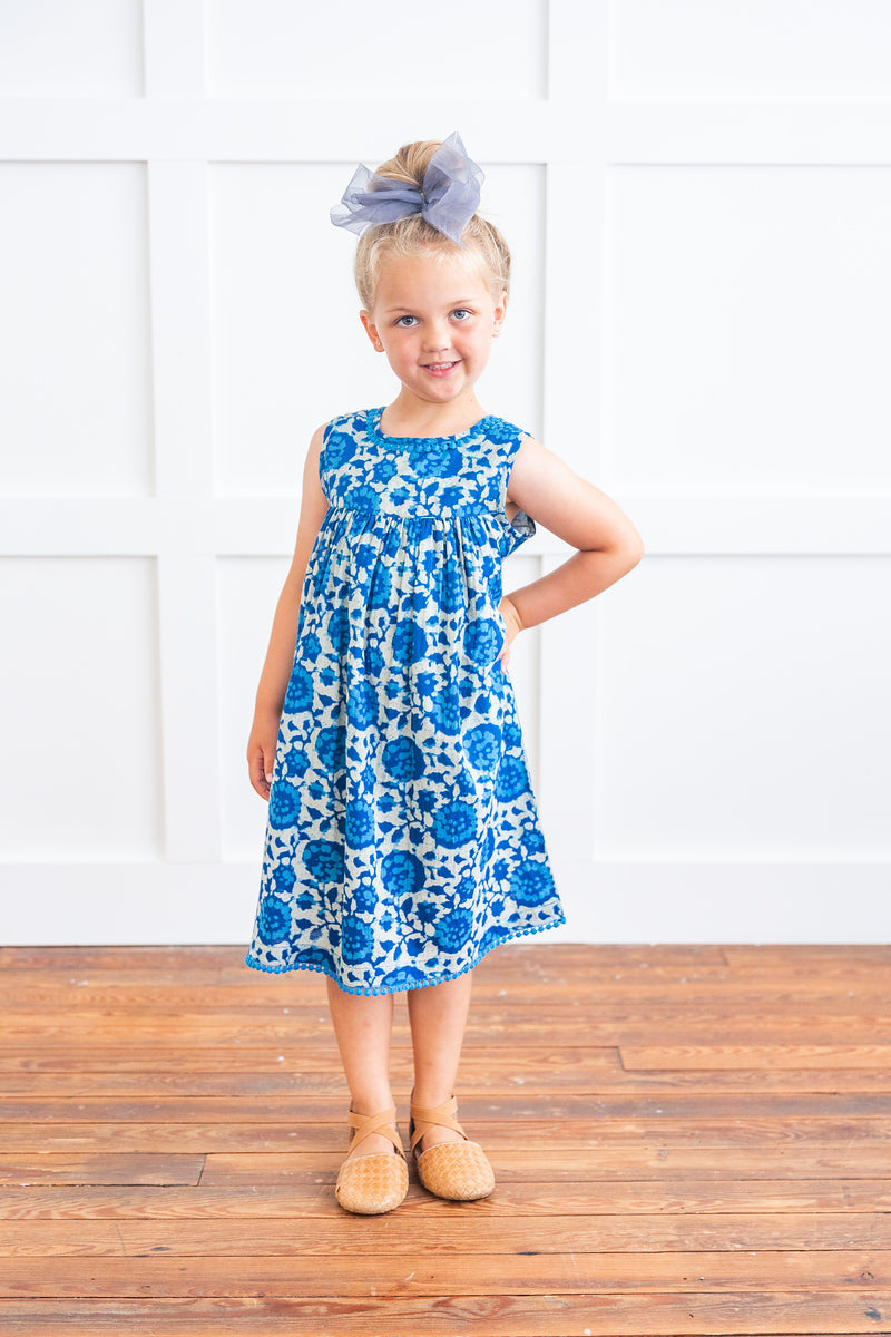 Indigo Floral Shift Dress with Lace Detail — Cotton Girls Dress
