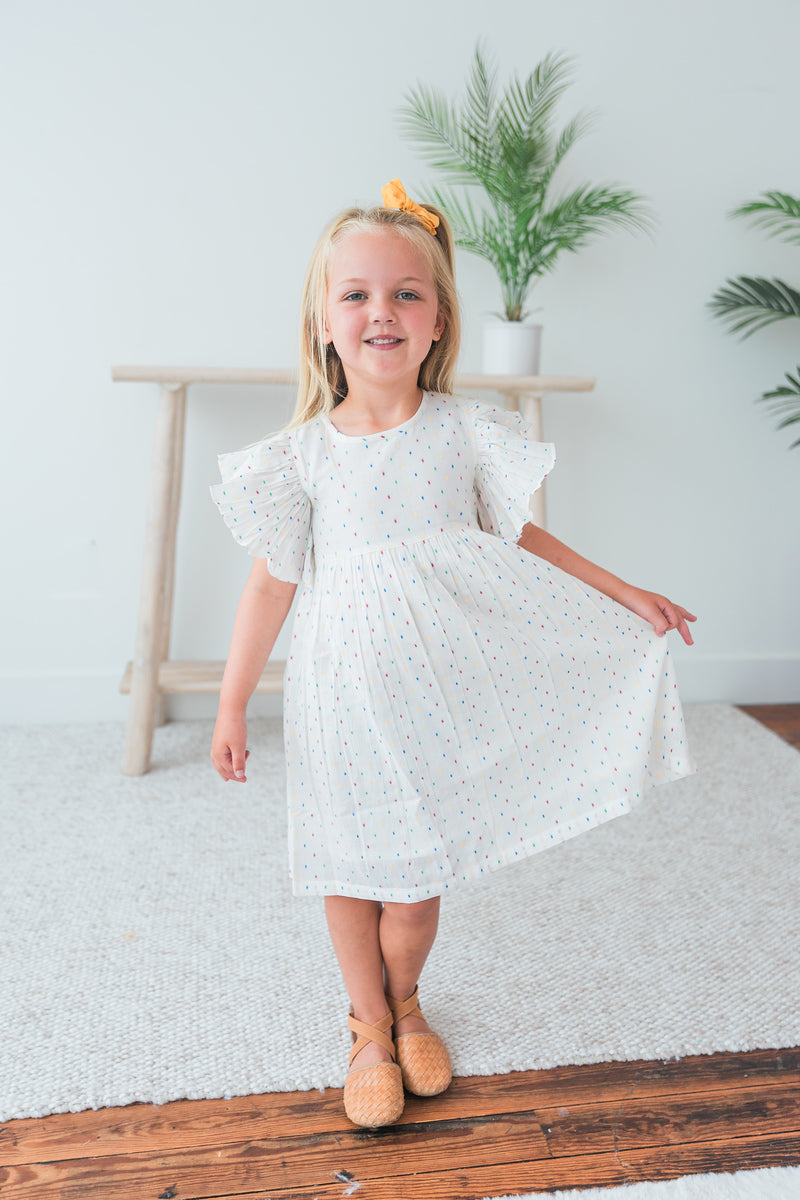 White Multicolor Dot Cotton Dobby Frill Dress