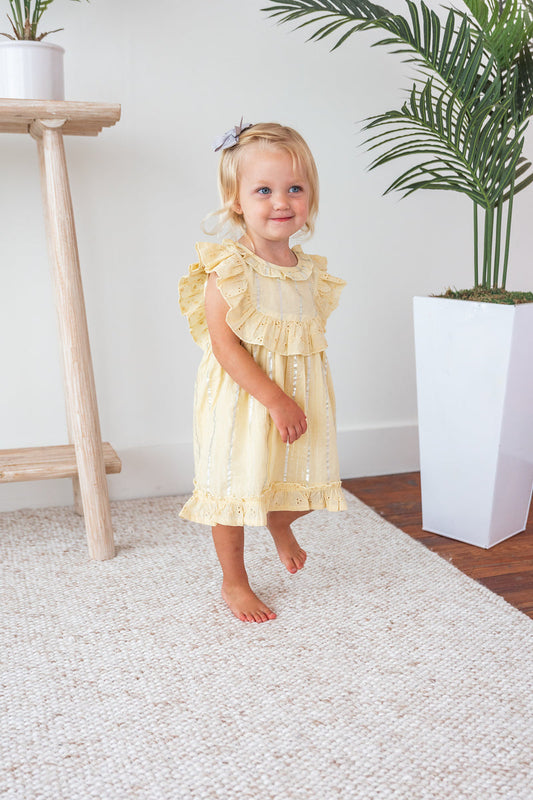 Yellow Solid Color Lurex Neck Ruffle Dress and Bloomers