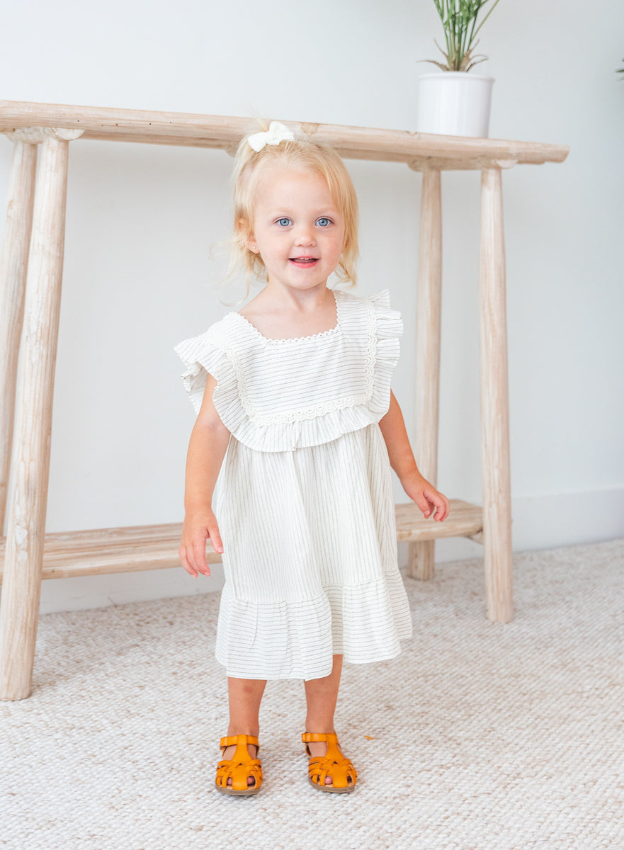 Grey Stripes Square Neck Lace Dress and Bloomers