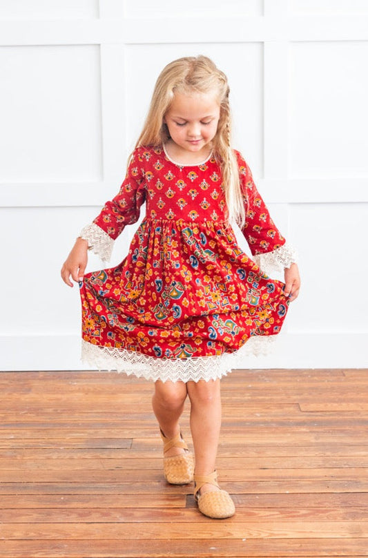 Red & Blue Printed Long Sleeve Lace Detail Dress