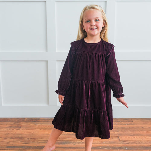 Burgundy Solid Tiered Long Sleeve Dress