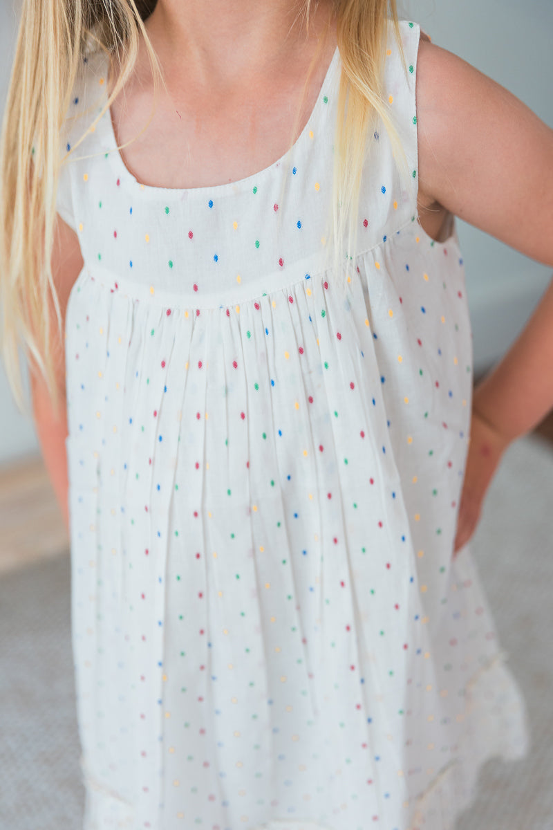 White Multicolor Dot Cotton Dobby Bottom Ruffle Dress