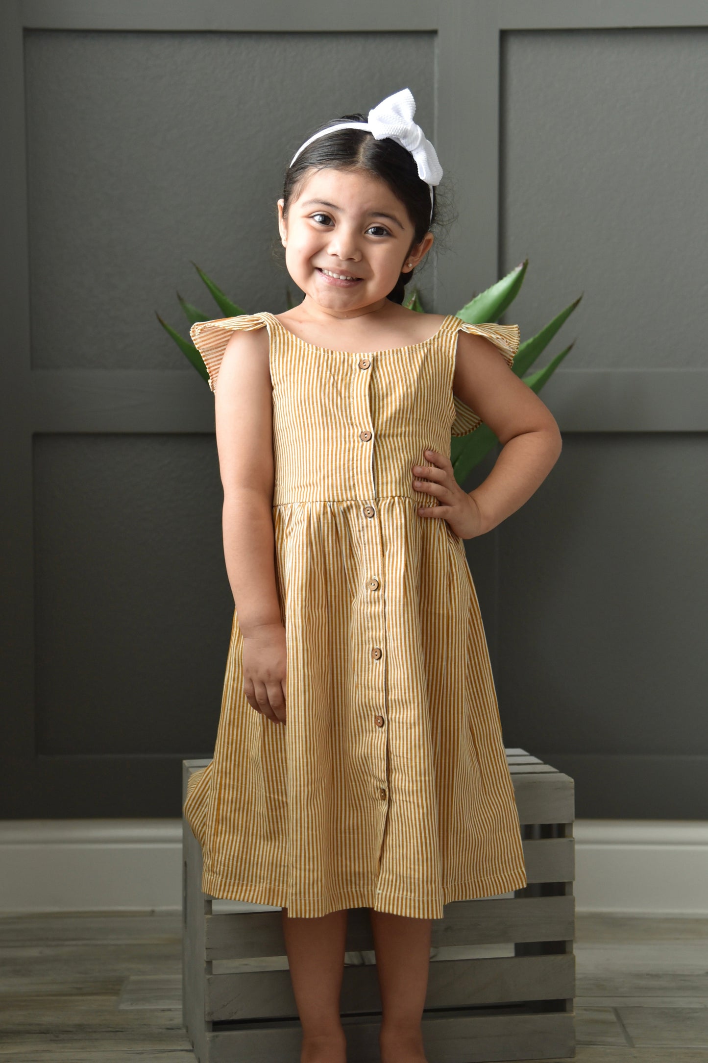 Mustard Pinstripes Flutter Sleeves Shirt Dress Dress Yo Baby Wholesale 
