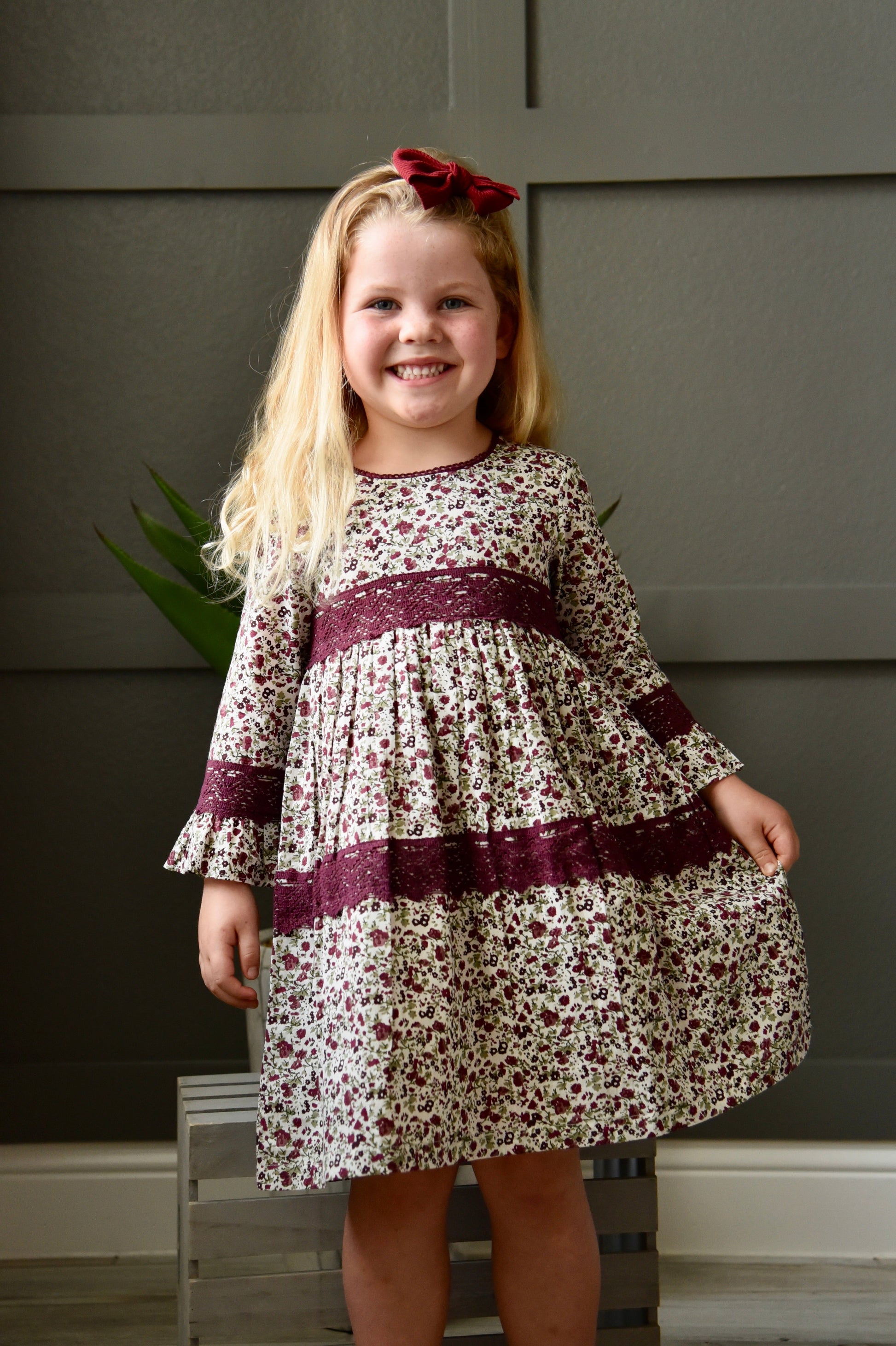 Printed Lace Detail Full-Sleeves A-Line Dress Dress Yo Baby Wholesale 