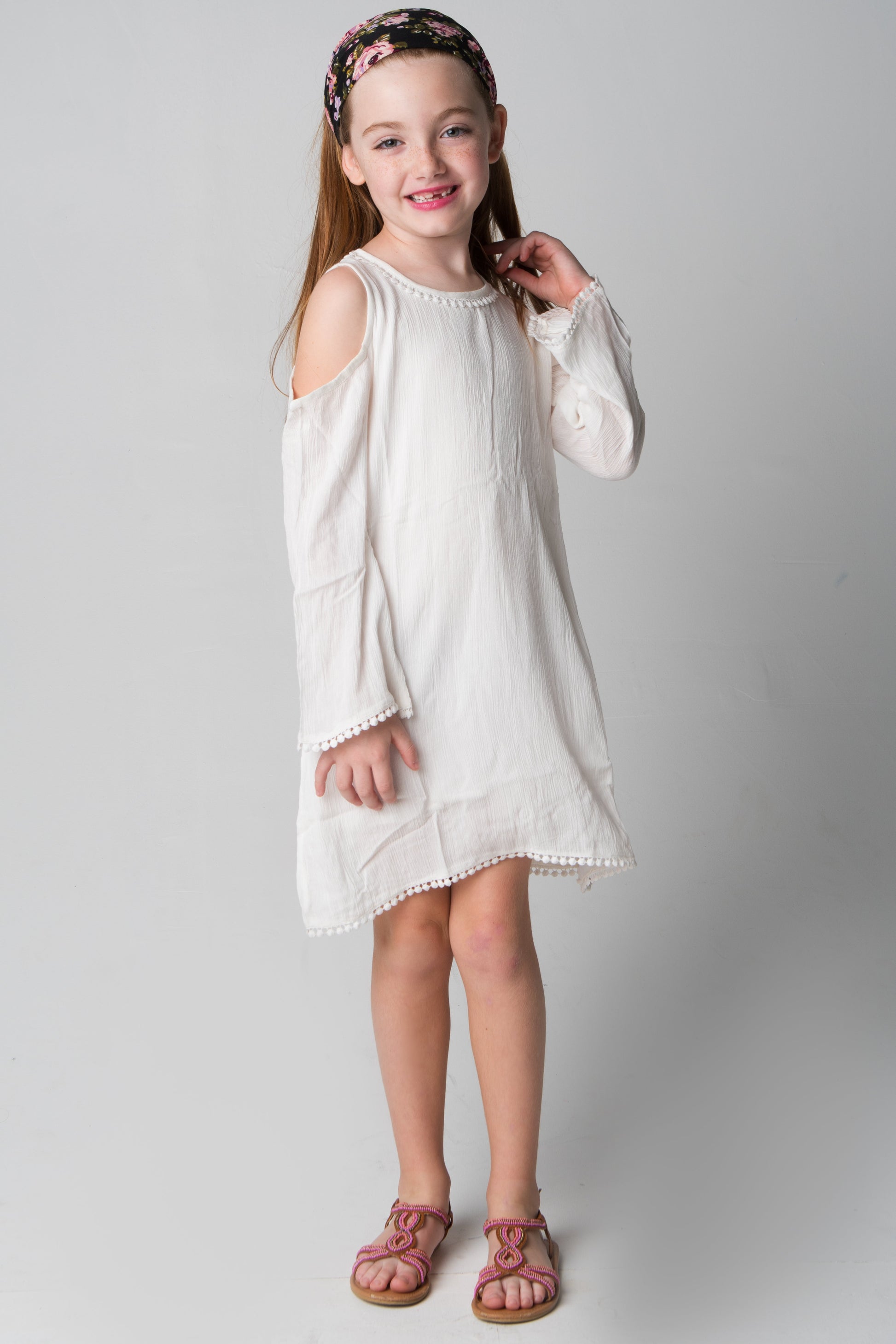 White Lace Detail Cold Shoulder Dress — Cotton Girls Dress White Lace Detail Cold Shoulder Dress — Cotton Girls Dress