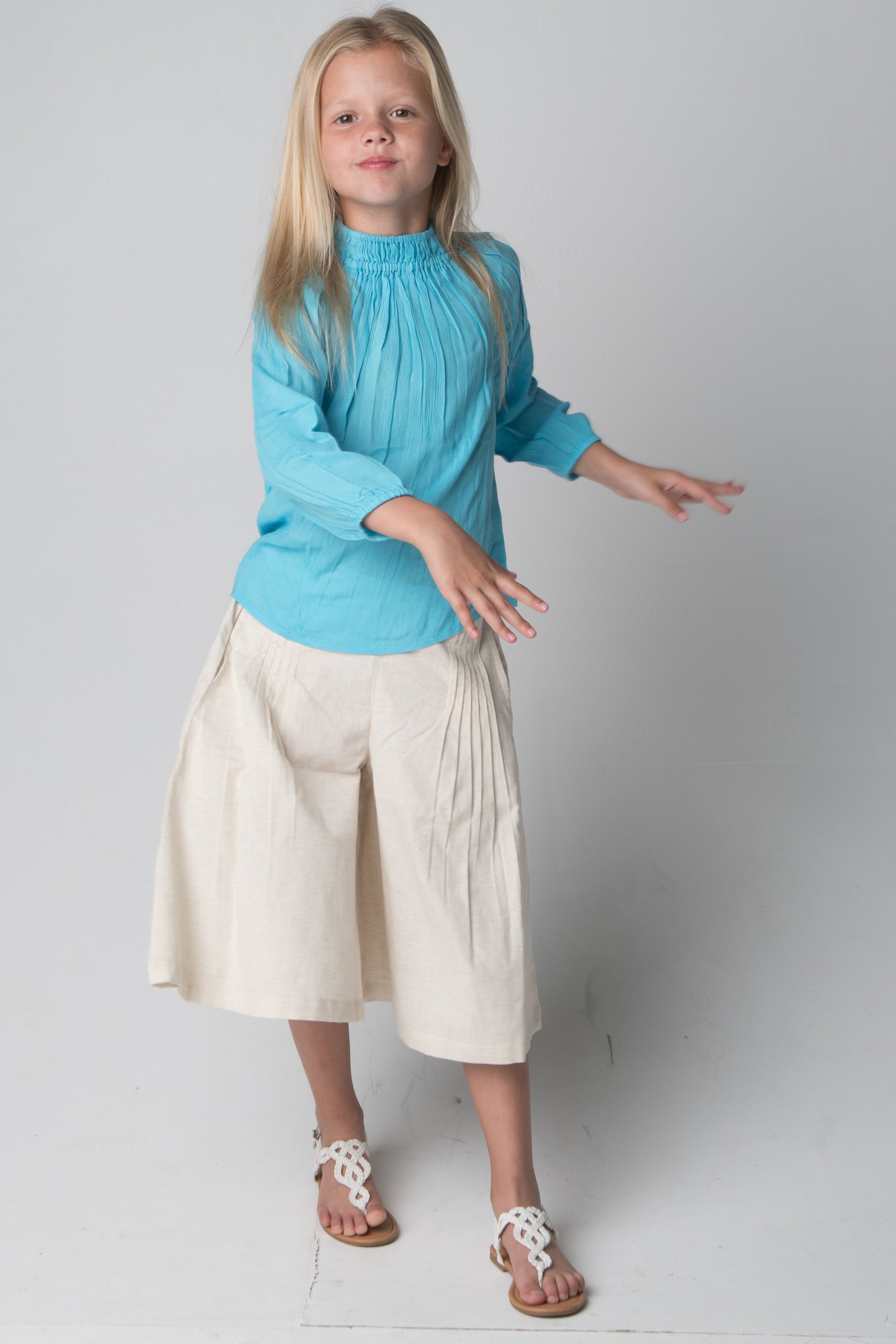 Cropped Pleated Pants and Smocked Top Two Piece Set
