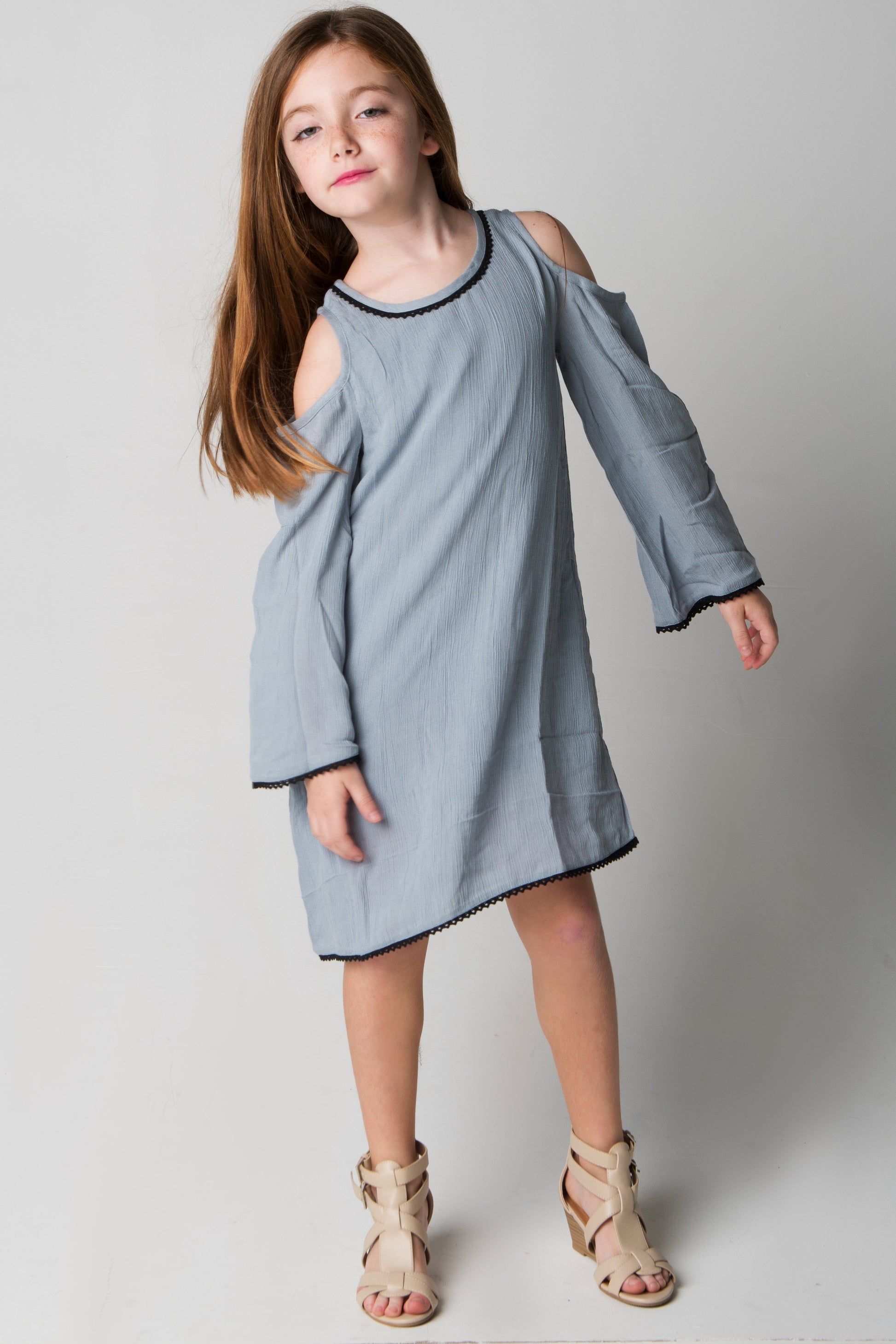 Grey Lace Detail Cold-Shoulder Dress