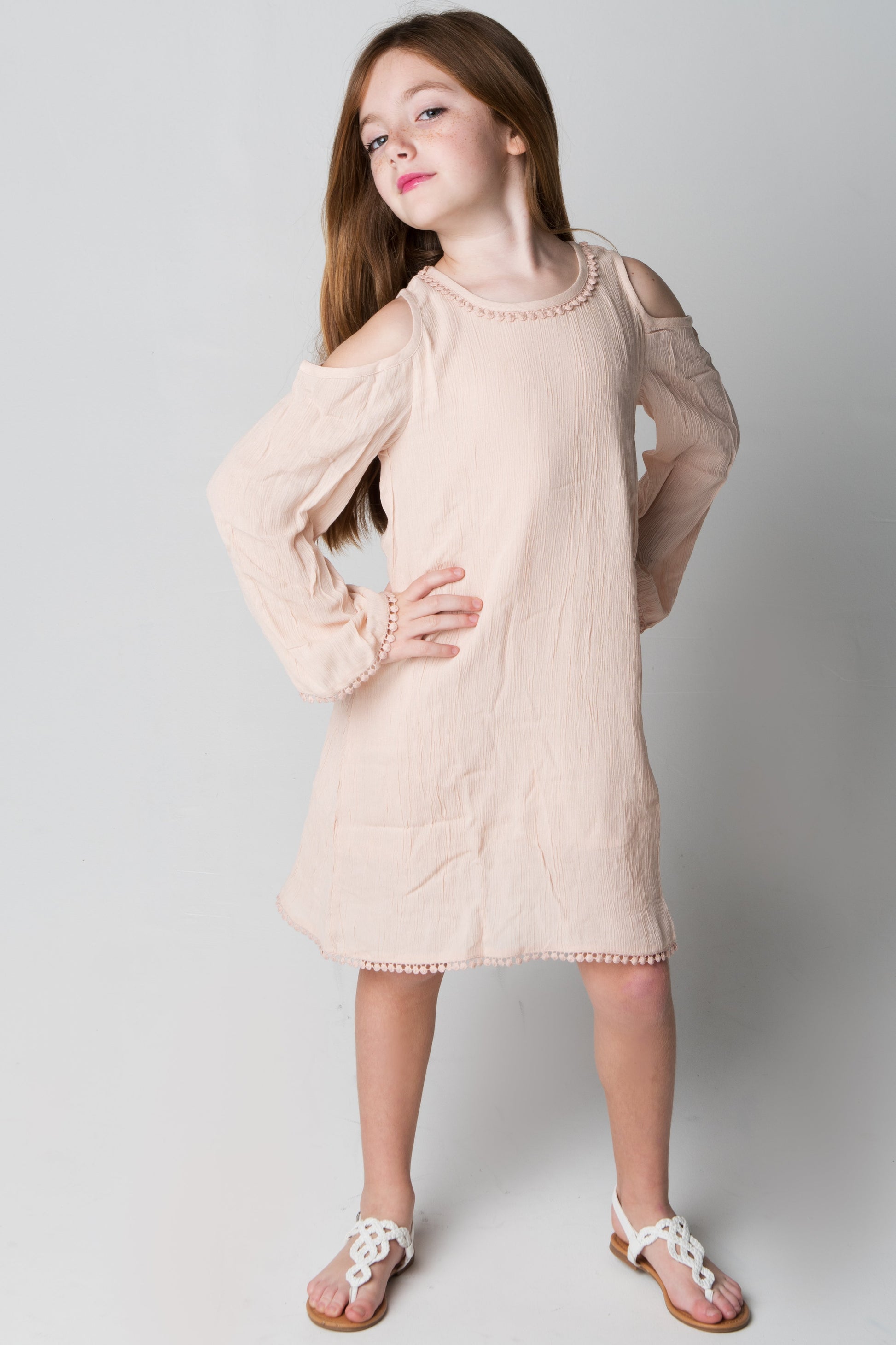 Blush Lace Detail Cold Shoulder Dress Cotton Girls Dress | Toddler to Tween Blush Lace Detail Cold Shoulder Dress Cotton Girls Dress | Toddler to Tween