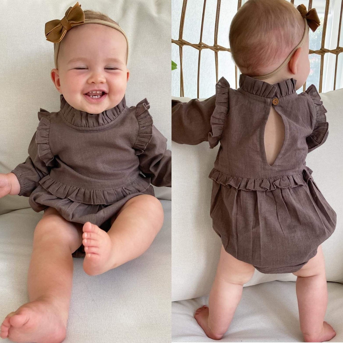 Chocolate Brown Full-Sleeves Ruffles Infant Romper