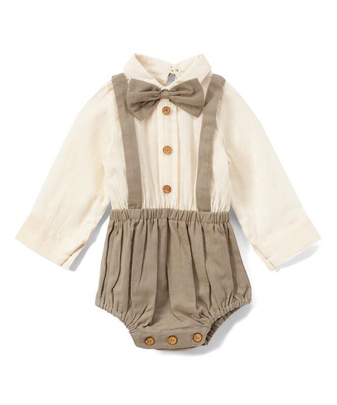 Boys Infant One-Piece Full Sleeves Romper With Attached Bow-Tie - Grey