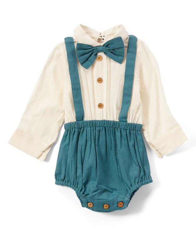 Boys Infant One-Piece Full Sleeves Romper With Attached Bow-Tie - Teal