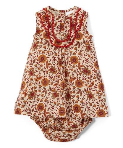 Red & Tan Infant Dress With lace Details & Matching Diaper Cover