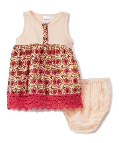 Pink Floral Lace-Trim A-Line Dress with Diaper Cover 2pc.set